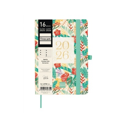 Agenda Finocam 2025-2026 capa colorida floral com elástico cinzento