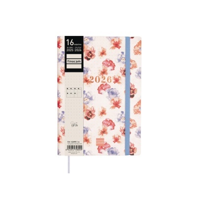 Agenda anual floral com elástico azul e 2026 em dourado