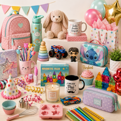 Diversos produtos coloridos para crianças e decoração, incluindo mochila, garrafa, peluche, canecas com textos, brinquedos, utensílios e acessórios festivos dispostos numa mesa.