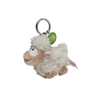 Chaveiro pelúcia carneiro branco com olhos grandes e anel metálico