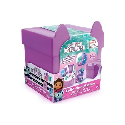 Caixa roxa de brinquedo Gabbys Dollhouse com embalagem e personagens coloridos