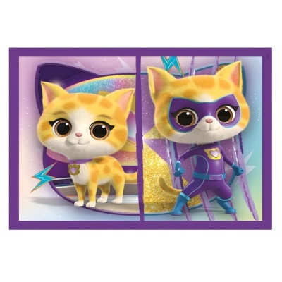 Puzzle com figuras de gato amarelo e gato super-herói roxo
