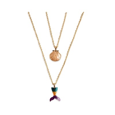 Colar duplo dourado com pendente de concha e cauda de sereia colorida