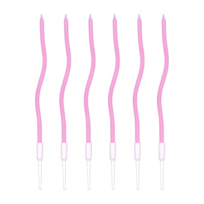 Seis velas finas e onduladas cor rosa com suporte branco