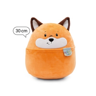 Pelúcia de raposa arredondada laranja com focinho branco e orelhas castanhas