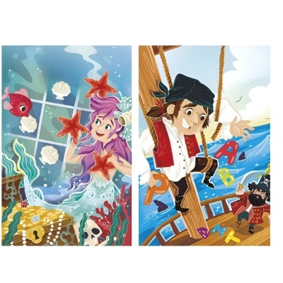 Ilustrações coloridas de uma sereia com estrelas-do-mar e um pirata em navio com letras flutuantes.