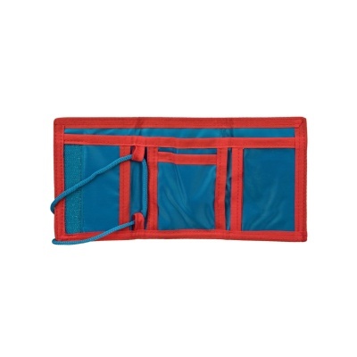 Carteira azul e vermelha com compartimentos e cordão azul
