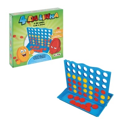 Jogo de tabuleiro 4 em linha com fichas vermelhas e amarelas e caixa com texto colorido.