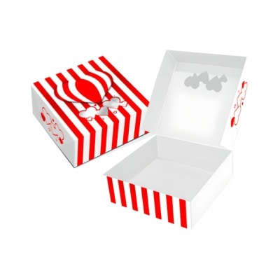 Caixa branca com riscas vermelhas e recortes em balão e nuvens