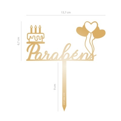 Topper de bolo dourado acrílico Parabéns bolo velas balões coração
