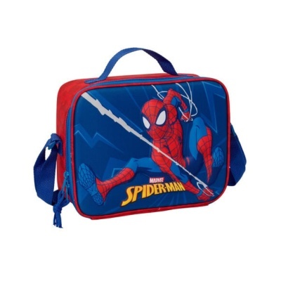 Mala azul e vermelha com imagem do Homem-Aranha e texto Spider-Man