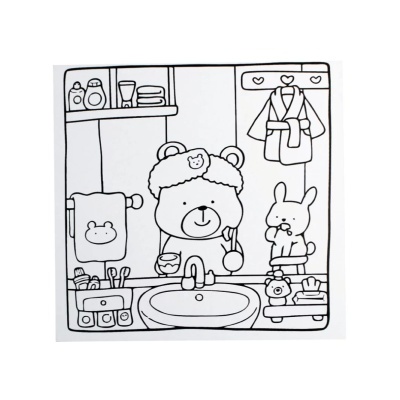 Desenho preto e branco casa de banho com urso e coelho a escovar os dentes.