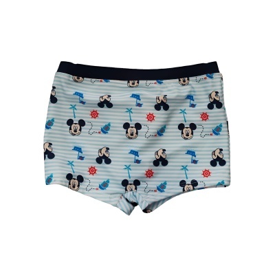 Cuecas de criança com padrão de riscas azuis claras e desenhos coloridos de personagens tipo Mickey Mouse e temas náuticos.