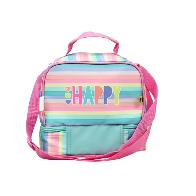 Lancheira térmica colorida com padrão às riscas e texto HAPPY