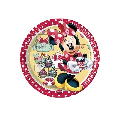 Prato de papel redondo com a personagem Minnie da Disney segurando um cupcake, borda vermelha com pontos brancos