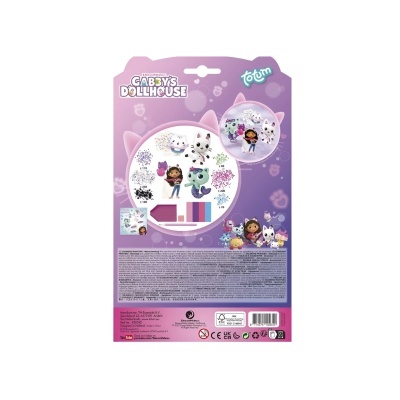 Embalagem com ilustrações coloridas de Gabby's Dollhouse e personagens em fundo roxo.
