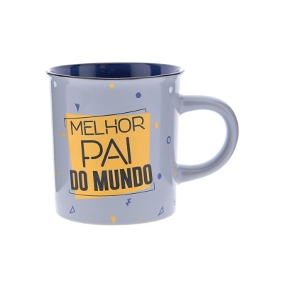 Caneca cinzenta com interior azul e texto 'MELHOR PAI DO MUNDO'