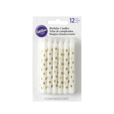 Pack de 12 velas de aniversário brancas com bolinhas douradas