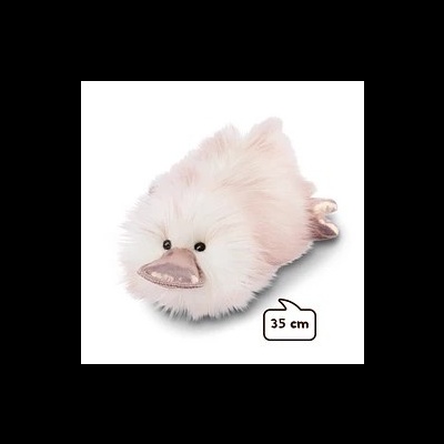 Pelúcia branca de pato com bico e patas rosa metálico e etiqueta 35 cm