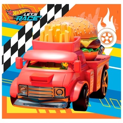 Carro de brinquedo vermelho com batata frita e hambúrguer de plástico por cima em fundo colorido