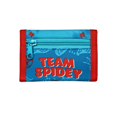 Carteira azul com rebordos vermelhos e texto vermelho TEAM SPIDEY