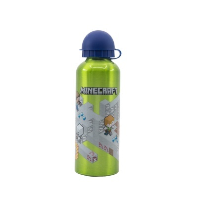 Garrafa verde metálica com tampa azul e decoração Minecraft