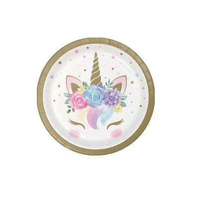 Prato de papel com desenho de unicórnio com chifre dourado e flores coloridas