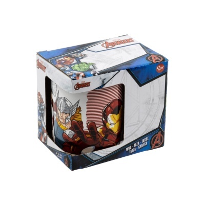 Caneca Avengers em embalagem azul com desenhos do Thor e Homem de Ferro