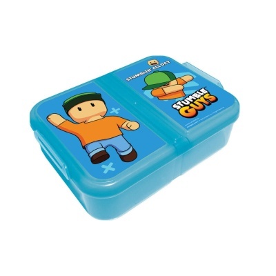 Caixa azul para lanche com personagens e texto Stumble Guys