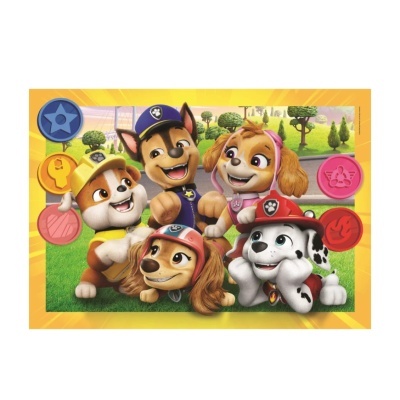 Personagens animados caninos da PAW Patrol com acessórios coloridos, fundo verde e amarelo.