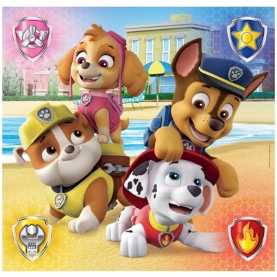Personagens animados caninos Paw Patrol com roupas e distintivos coloridos, em ambiente ao ar livre junto a piscina