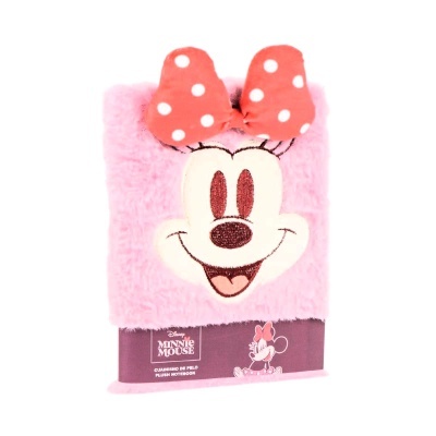 Caderno peluche rosa com rosto da Minnie Mouse e laço vermelho às bolinhas