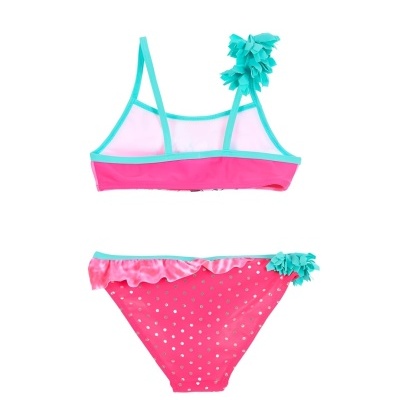 Fato de banho de criança rosa com detalhes azul turquesa e flores decorativas