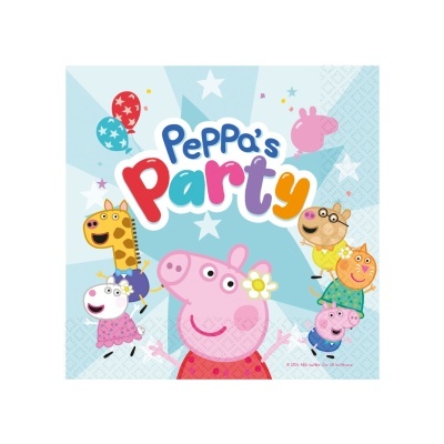 Guardanapo de papel azul claro com personagens Peppa Pig e texto 'Peppa's Party'