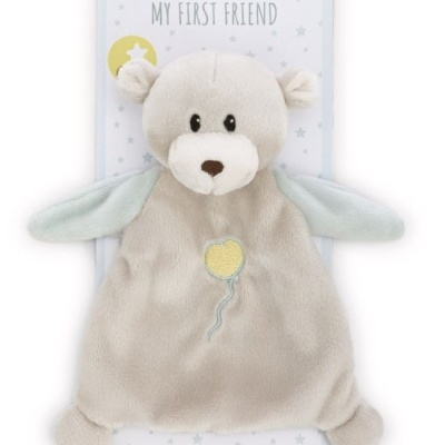 pelúcia doudou bege e azul claro com balão amarelo embalada