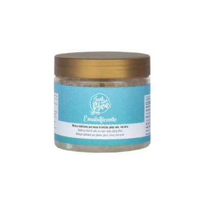 Embalagem de emulsificante Just add Love com tampa dourada e etiqueta azul