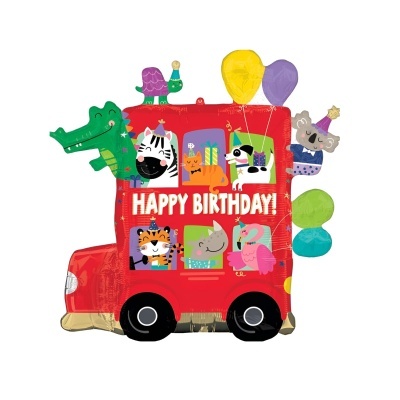 Balão vermelho em forma de autocarro com animais e texto Happy Birthday