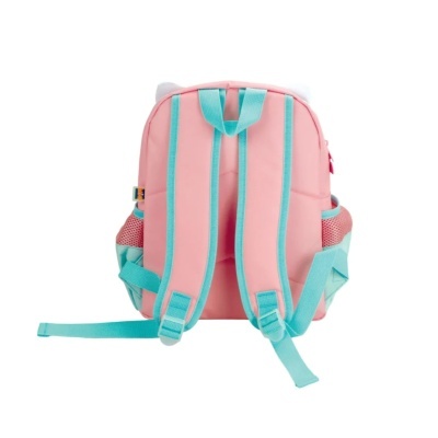 Mochila cor-de-rosa com alças azuis e orelhas brancas no topo