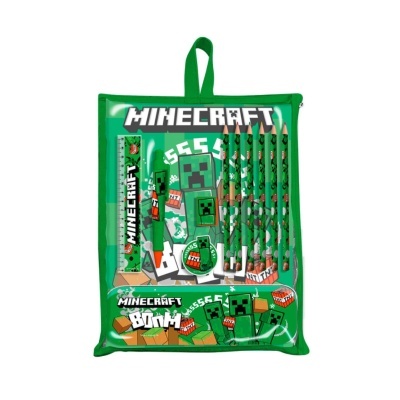 Conjunto escolar Minecraft verde com várias peças dentro de estojo plástico com alça.
