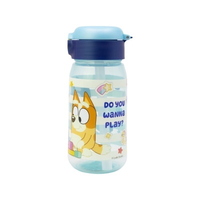 Garrafa de plástico com desenho de cão e texto colorido