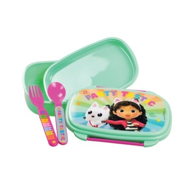 lancheira verde com personagens de desenho animado e talheres rosa