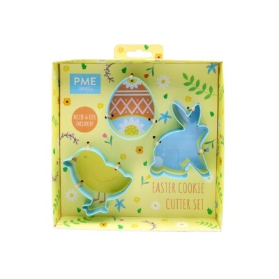Conjunto de cortadores de biscoitos para Páscoa com formas de ovo, coelho e pintainho em caixa amarela decorada
