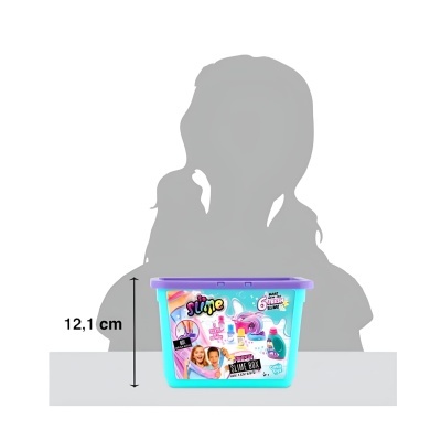 Kit para fazer slime em caixa azul com tampa roxa e rótulos coloridos