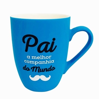 Caneca azul com texto 'Pai a melhor companhia do Mundo' e bigode branco