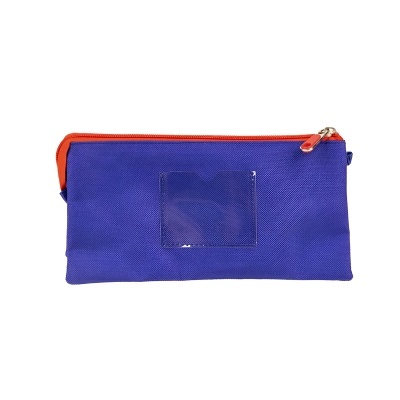 Estojo rectangular azul com fecho vermelho e bolso transparente