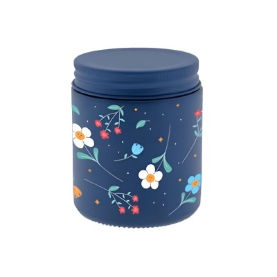 Pote azul escuro com flores coloridas e tampa de rosca