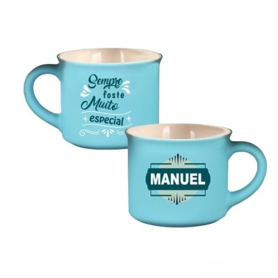 Duas chávenas de cerâmica azuis com texto e nome personalizável