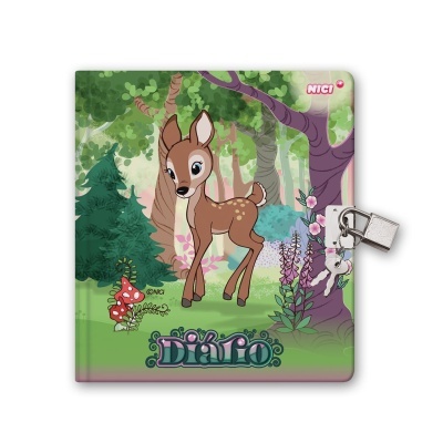 Diário com capa ilustrada de veado em floresta e cadeado com chave e coelho pendente