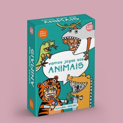 Caixa do jogo de cartas 'Vamos Jogar aos Animais' com crianças vestidas de animais