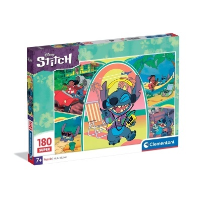 Caixa de quebra-cabeças Disney Stitch com 180 peças, imagens do personagem Stitch em cenário tropical.